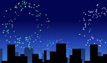 Randomized fireworks over night city.