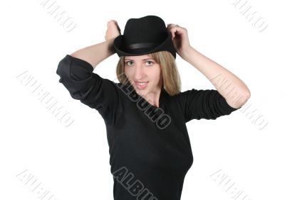 Blonde girl with black hat