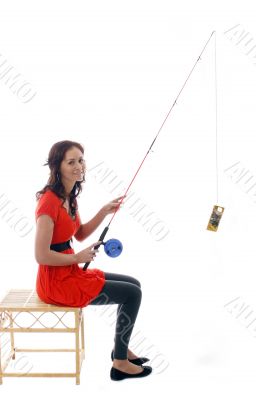 pretty girl in red fishing for money