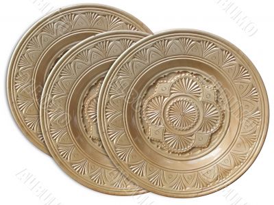 vintage wooden plates with pattern isolated over white background