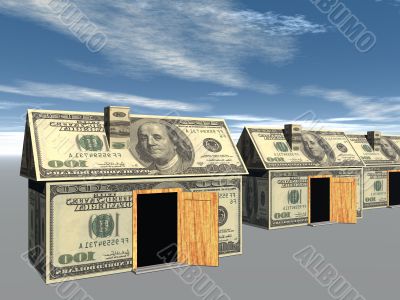 3D rendered street of money made houses with reflection and blue sky