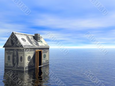 3D concept Real Estate dollar house water and cloudy blue sky