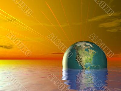 3d Concept Earth Globe ocean water and red Sunset sky