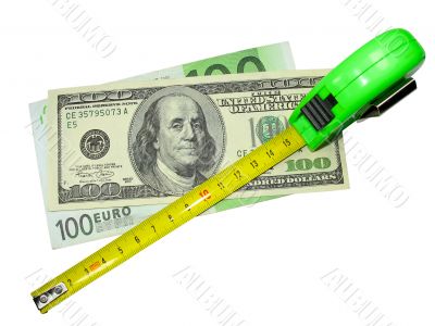 crisis: measuring tape, us dollar and euro currency isolated on white