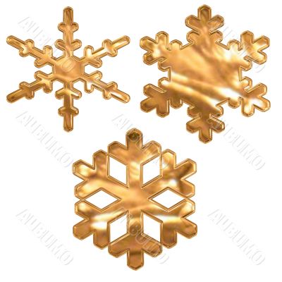 set of gold metal effect snow flakes over white