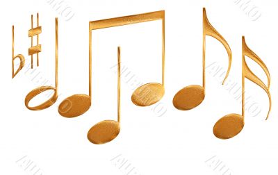 Set of gold pattern musical note symbols isolated