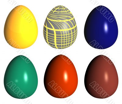 six easter eggs different colors and pattern isolated over white