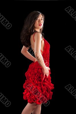 Asian woman in red crochet dress