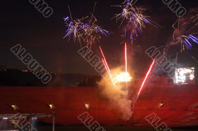 Fireworks lighting a stadium