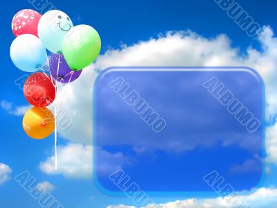 Colored party balloons against blue sky and empty place for your