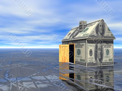 3D concept Real Estate dollar house wet asphalt and cloudy blue sky