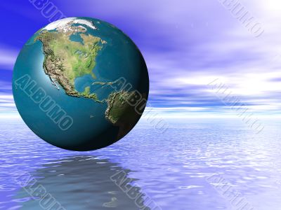 3d Concept Earth Globe ocean water and cloudy blue sky