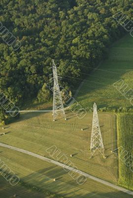 Aerial view of electric pylons