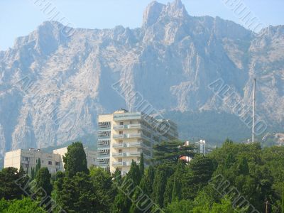 hotel building on mountains background, south coast of Crimea