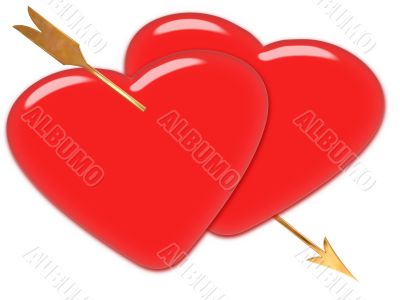  love symbol - two red hears with an golden arrow over white background