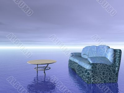 comfort concept: sofa and table furniture over ocean water and blue sky