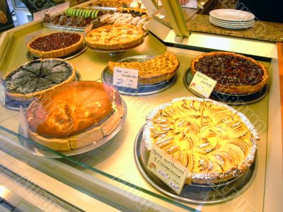 Display of pies in a french bakery