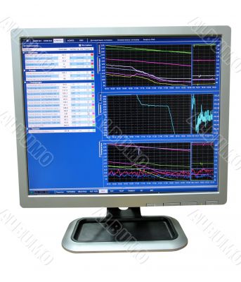 lcd monitor showing falling graphs, isolated over white background