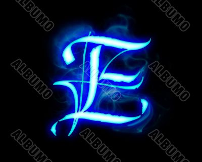 Blue flame magic font over black background. Letter E