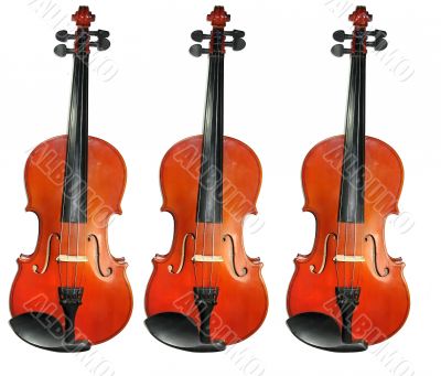 Three classic violins isolated on white background