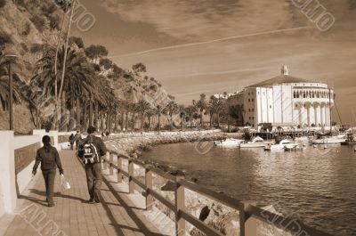 Couple travelling Catalina Island sepia