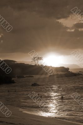 Sunset Beach Honolulu Hawaii sepia