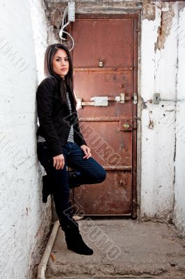 Girl in front of door