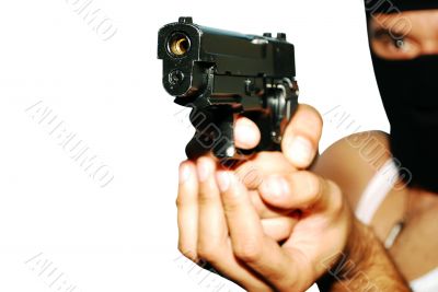 man holding up a gun