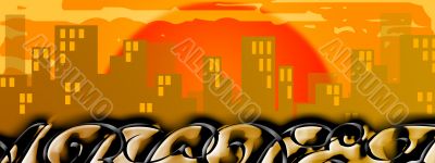 Cityscape graffito at sunset