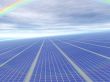 3d concept infinite solar panels against blue sky and rainbow