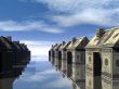 3D rendered street of money made houses with reflection and blue sky