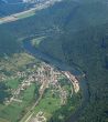 Aerial view of the village Deluz and river Doubs