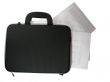 black briefcase with business paper documents in it isolated over white