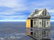 3D concept Real Estate dollar house wet asphalt and cloudy blue sky