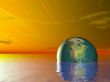 3d Concept Earth Globe ocean water and red Sunset sky