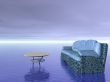 comfort concept: sofa and table furniture over ocean water and blue sky