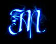 Blue flame magic font over black background. Letter M