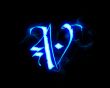 Blue flame magic font over black background. Letter V