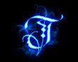 Blue flame magic font over black background. Letter T